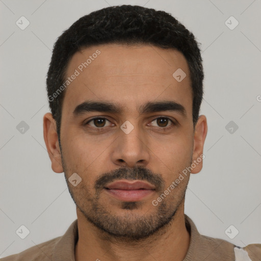 Neutral latino young-adult male with short  black hair and brown eyes