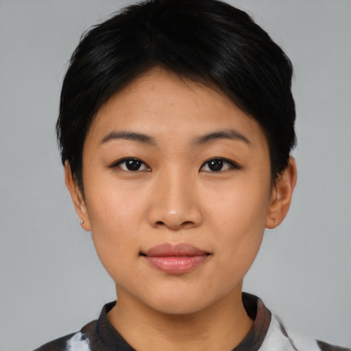 Neutral asian young-adult female with short  black hair and brown eyes