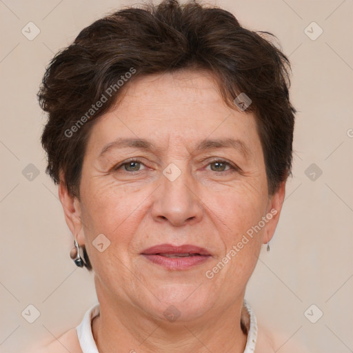 Joyful white adult female with short  brown hair and brown eyes