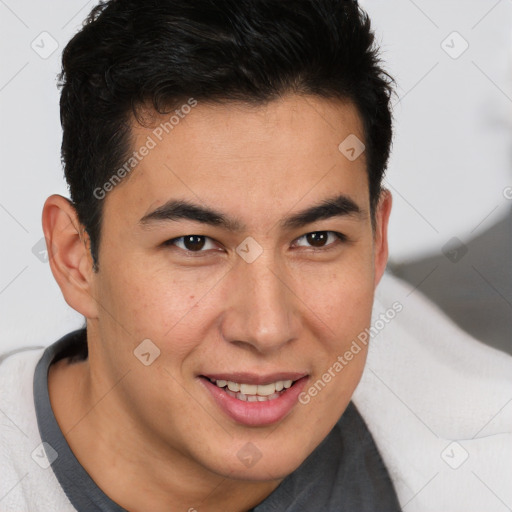 Joyful latino young-adult male with short  brown hair and brown eyes