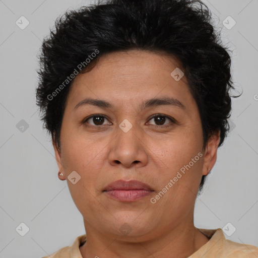 Joyful white adult female with short  brown hair and brown eyes