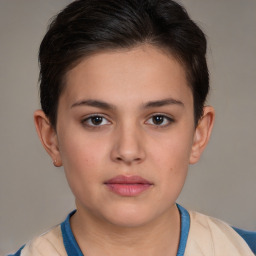 Neutral white young-adult female with short  brown hair and brown eyes