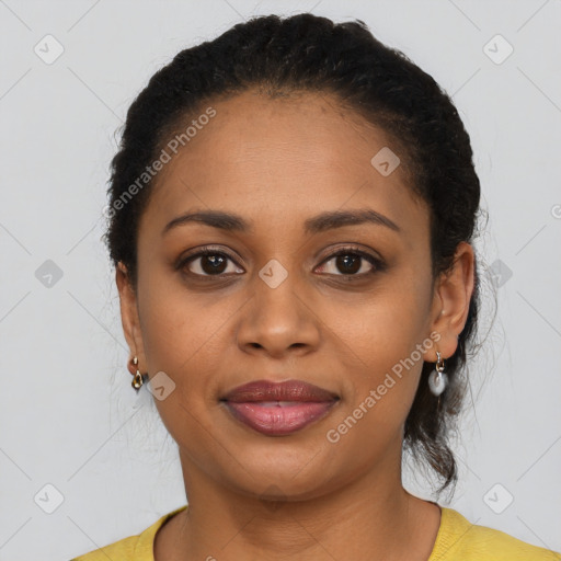Joyful latino young-adult female with short  black hair and brown eyes