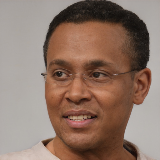 Joyful black adult male with short  brown hair and brown eyes