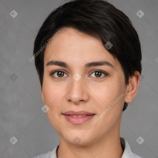 Joyful white young-adult female with short  brown hair and brown eyes