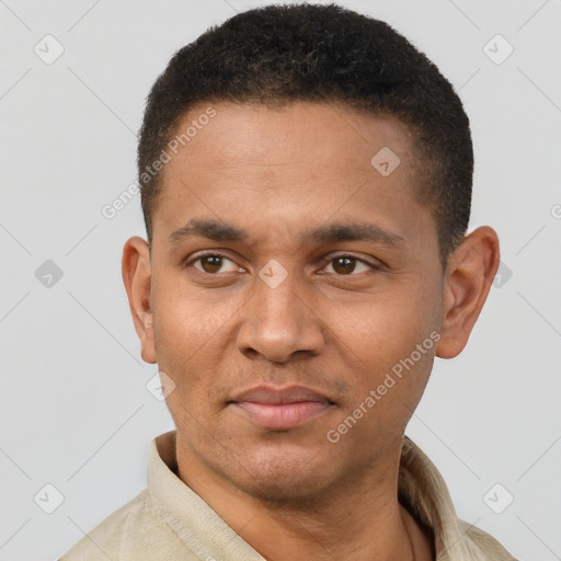 Neutral latino young-adult male with short  black hair and brown eyes