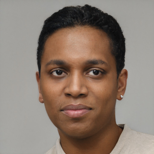 Neutral black young-adult male with short  black hair and brown eyes