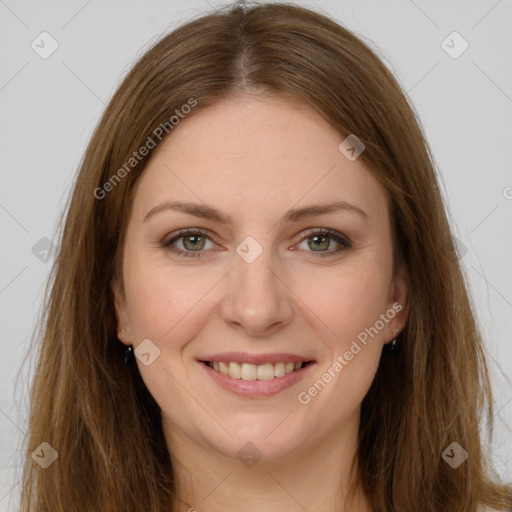 Joyful white young-adult female with long  brown hair and grey eyes