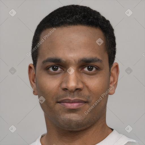 Neutral black young-adult male with short  black hair and brown eyes
