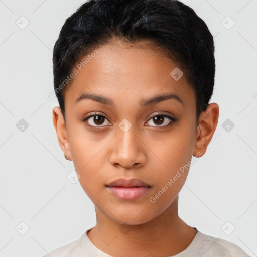 Neutral latino young-adult female with short  brown hair and brown eyes