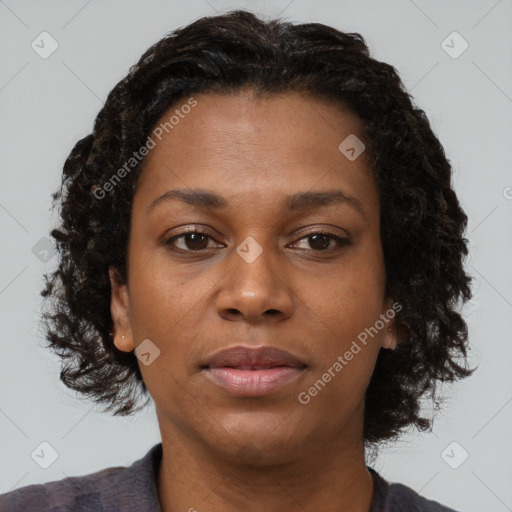 Joyful black adult female with medium  brown hair and brown eyes