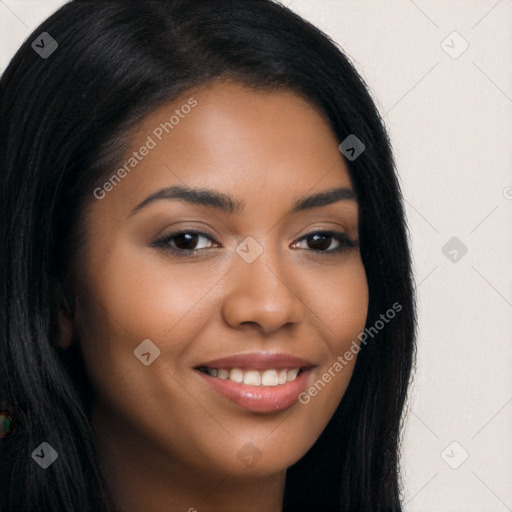 Joyful latino young-adult female with long  brown hair and brown eyes