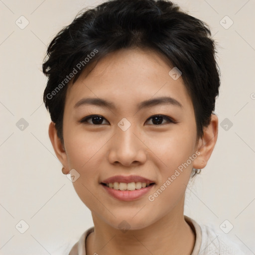 Joyful asian young-adult female with short  brown hair and brown eyes