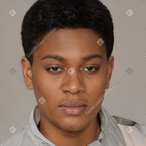 Neutral latino young-adult female with short  black hair and brown eyes
