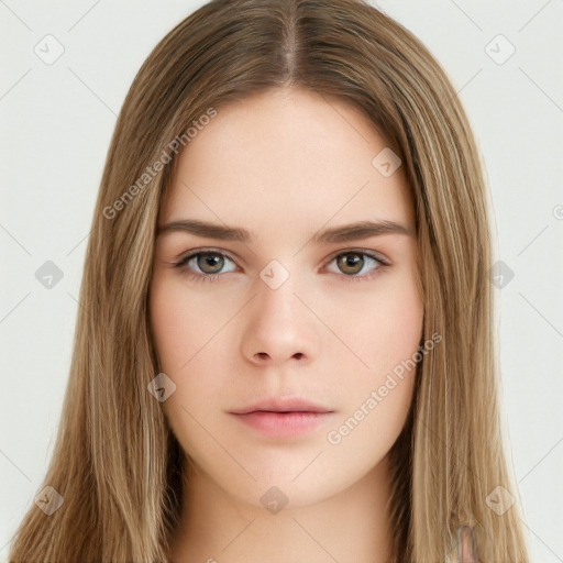 Neutral white young-adult female with long  brown hair and brown eyes