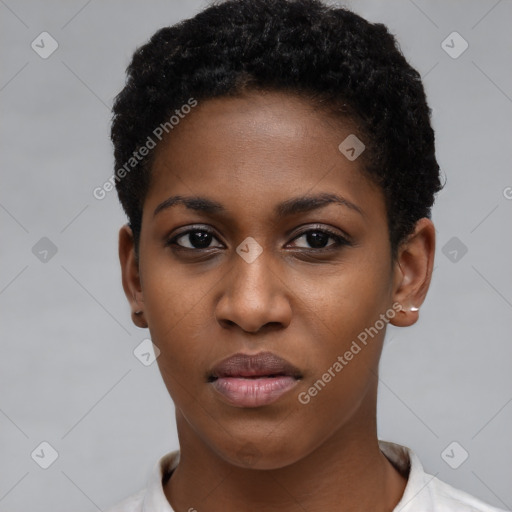 Neutral black young-adult female with short  brown hair and brown eyes