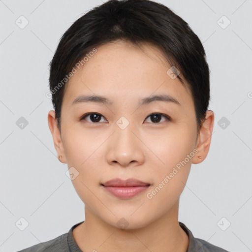 Neutral asian young-adult female with short  black hair and brown eyes