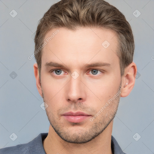 Neutral white young-adult male with short  brown hair and grey eyes