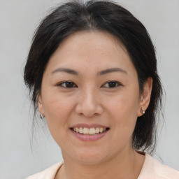 Joyful white adult female with medium  brown hair and brown eyes