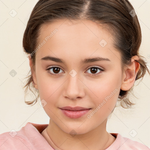 Joyful white child female with medium  brown hair and brown eyes