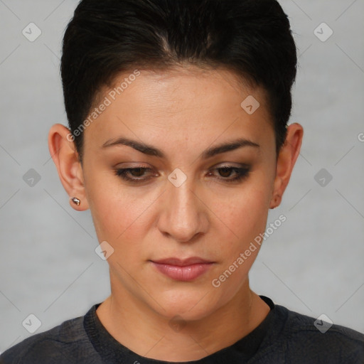 Neutral white young-adult female with short  brown hair and brown eyes