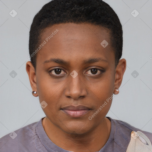Neutral black young-adult female with short  brown hair and brown eyes