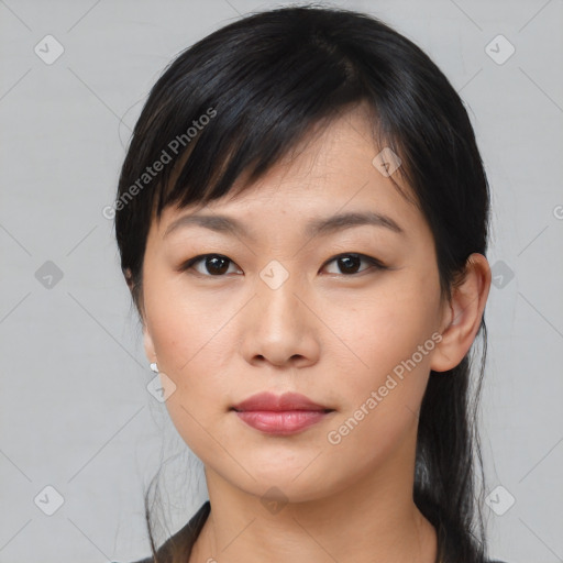 Neutral asian young-adult female with medium  black hair and brown eyes