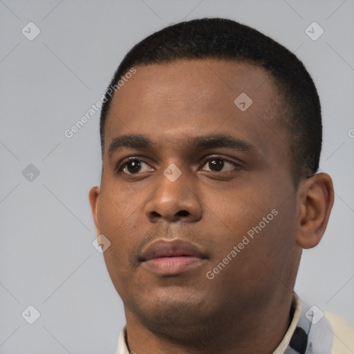 Neutral black young-adult male with short  black hair and brown eyes