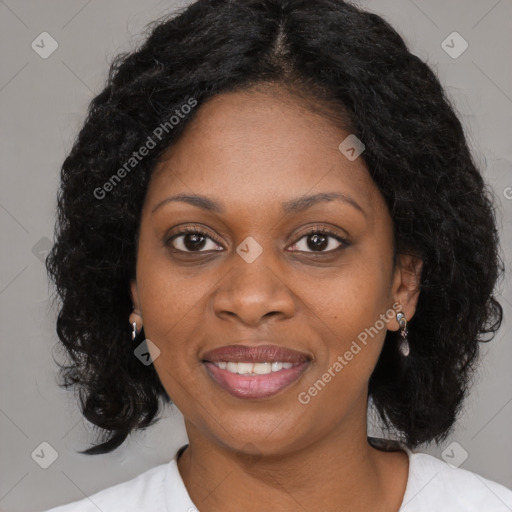 Joyful black young-adult female with medium  black hair and brown eyes