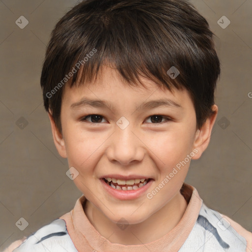 Joyful white child male with short  brown hair and brown eyes