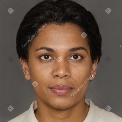 Neutral black young-adult female with short  brown hair and brown eyes