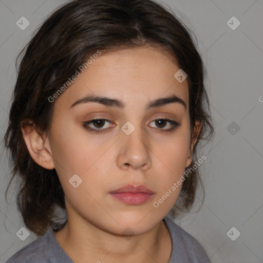 Neutral white young-adult female with medium  brown hair and brown eyes