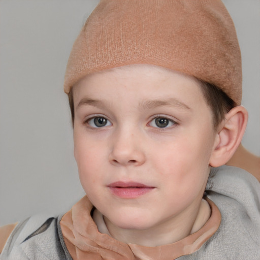 Neutral white child female with short  brown hair and grey eyes