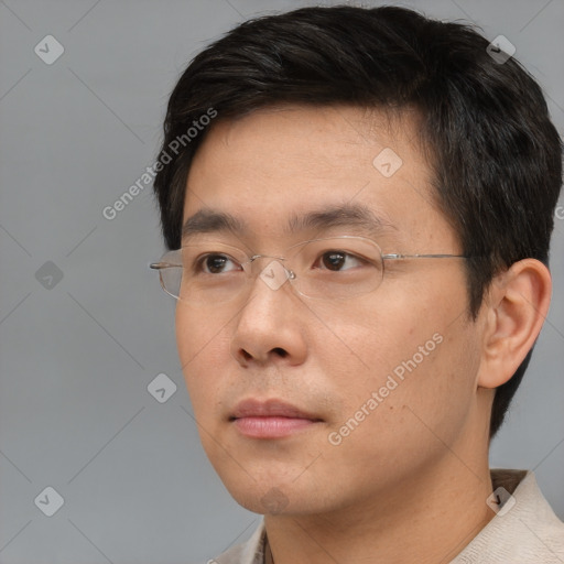 Neutral asian young-adult male with short  brown hair and brown eyes