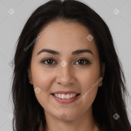 Joyful white young-adult female with long  brown hair and brown eyes