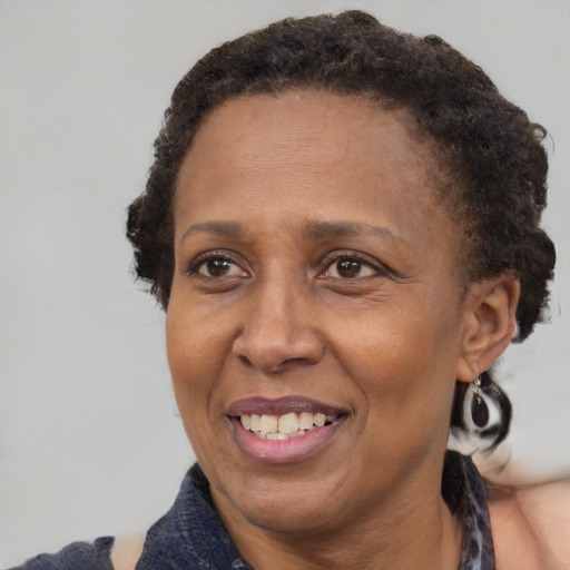 Joyful black adult female with medium  brown hair and brown eyes