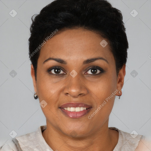 Joyful black young-adult female with short  brown hair and brown eyes