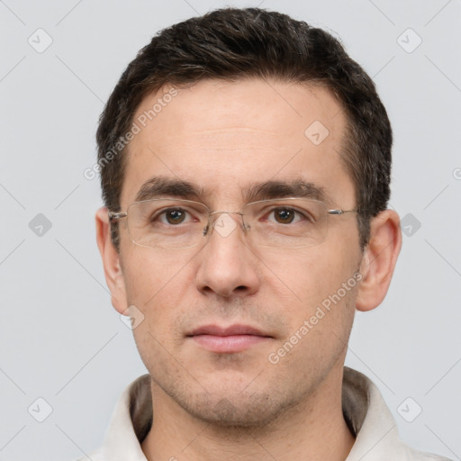 Neutral white adult male with short  brown hair and brown eyes