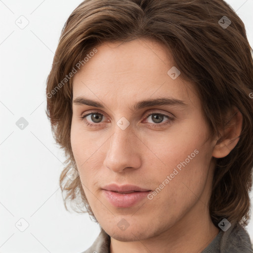 Neutral white young-adult female with medium  brown hair and grey eyes