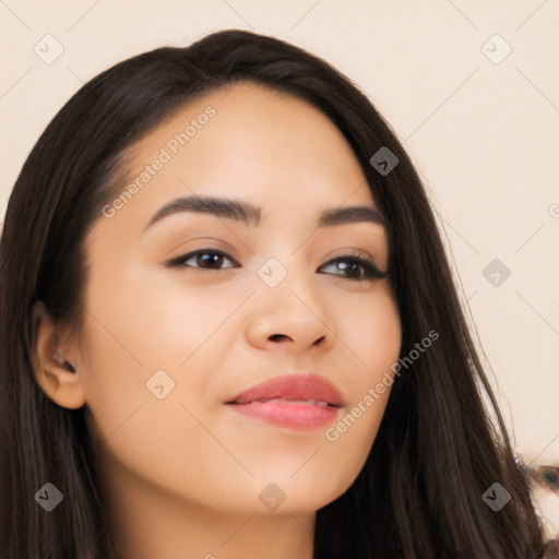 Neutral asian young-adult female with long  brown hair and brown eyes