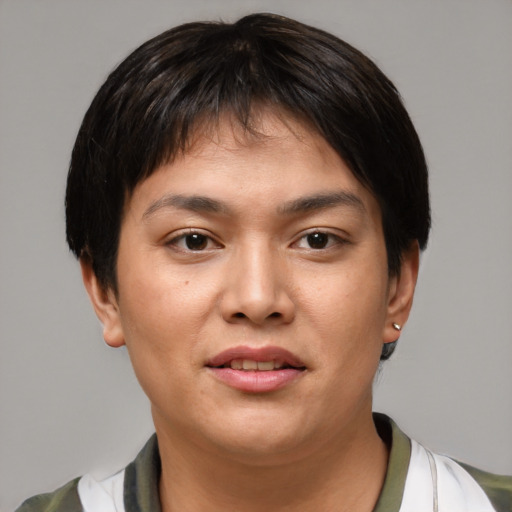 Neutral asian young-adult female with short  brown hair and brown eyes