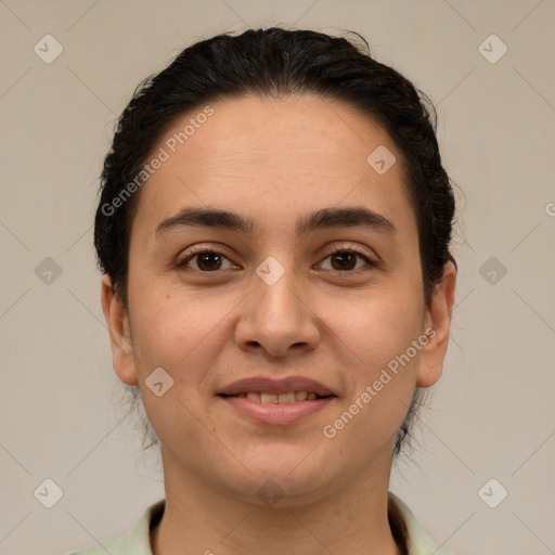 Joyful white young-adult female with medium  brown hair and brown eyes