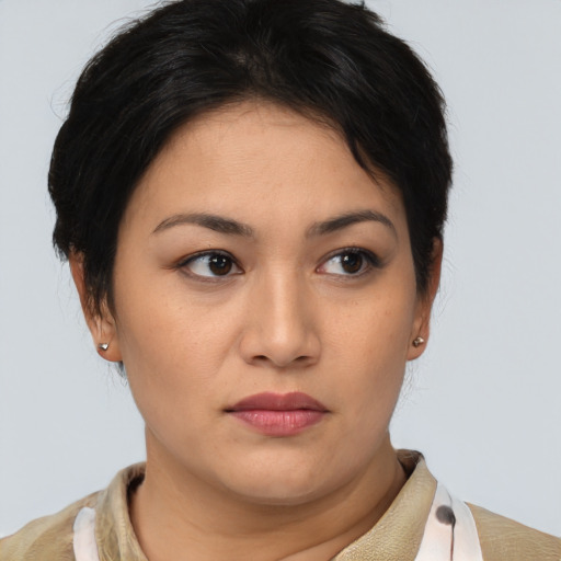 Neutral asian young-adult female with medium  brown hair and brown eyes