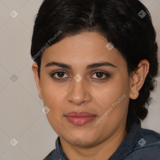 Joyful latino young-adult female with medium  brown hair and brown eyes