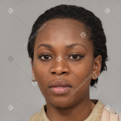 Neutral black young-adult female with short  brown hair and brown eyes