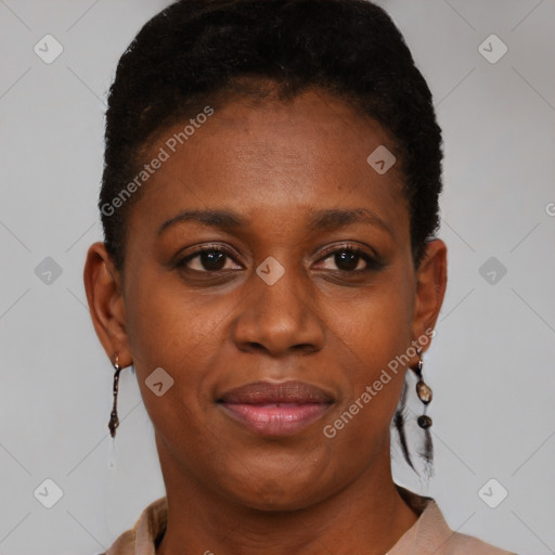 Joyful black young-adult female with short  brown hair and brown eyes