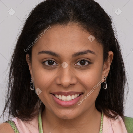 Joyful white young-adult female with long  brown hair and brown eyes