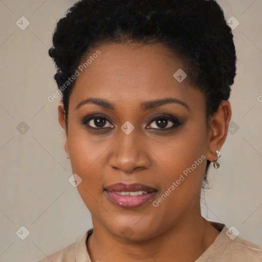 Joyful black young-adult female with short  brown hair and brown eyes