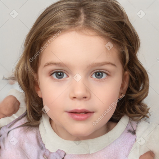 Neutral white child female with medium  brown hair and blue eyes