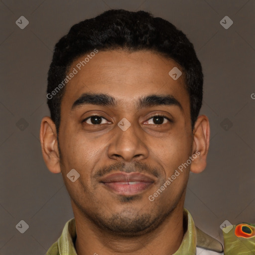 Joyful latino young-adult male with short  black hair and brown eyes